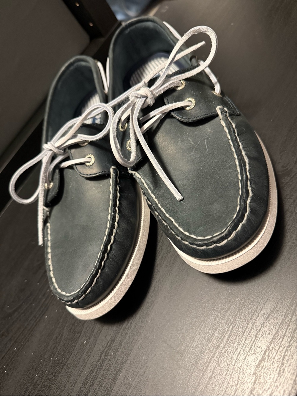 Sperry Topsider- Navy Boat Shoes with White Laces - Picture 2 of 8